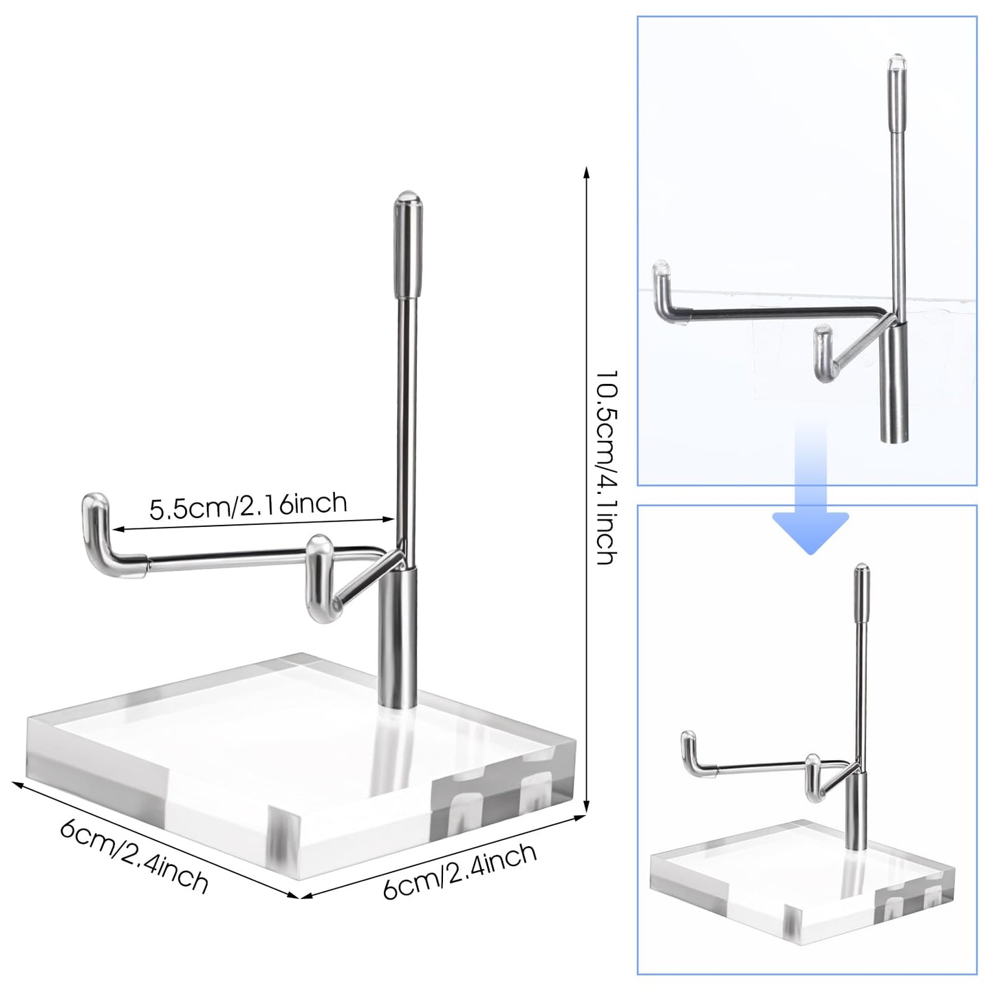 Pafeooui 6 Pcs Clear Acrylic Easel Stand, Adjustable Metal Arm Display Holder for Crystals, Minerals, Rocks, 2.4x2.4x3.5 Inch