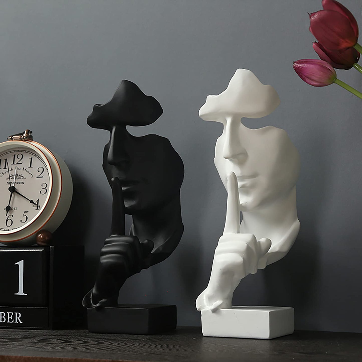 aboxoo Thinker Statue, Silence is Gold Abstract Art Figurine, Modern Home Resin Sculptures Decorative Objects Piano Desktop Decor for Creative Room Home, Office Study Decor (Black)