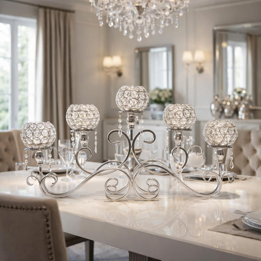 ICE Armor 26" W Polished Silver Ornate Base with Five Crystal Ball Arms Candle Holder Elegant Home Décor Accent, Decorative Candle Holder, Warm & Thoughtful Gift Idea