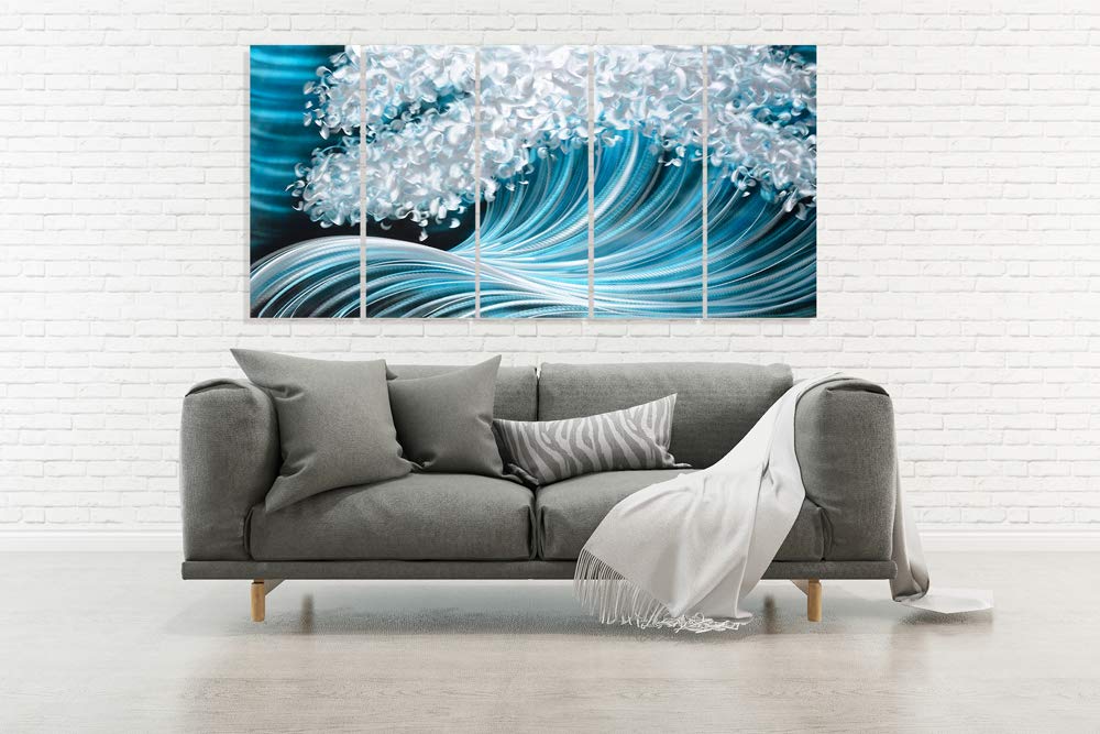 RICHSPACE ARTS Metal Wave Wall Art Large Horizontal Paintings Contemporary Blue Accents Home Decor Coastal Nautical Ocean Artwork on Aluminum for Office Living Room Bedroom Home Walls