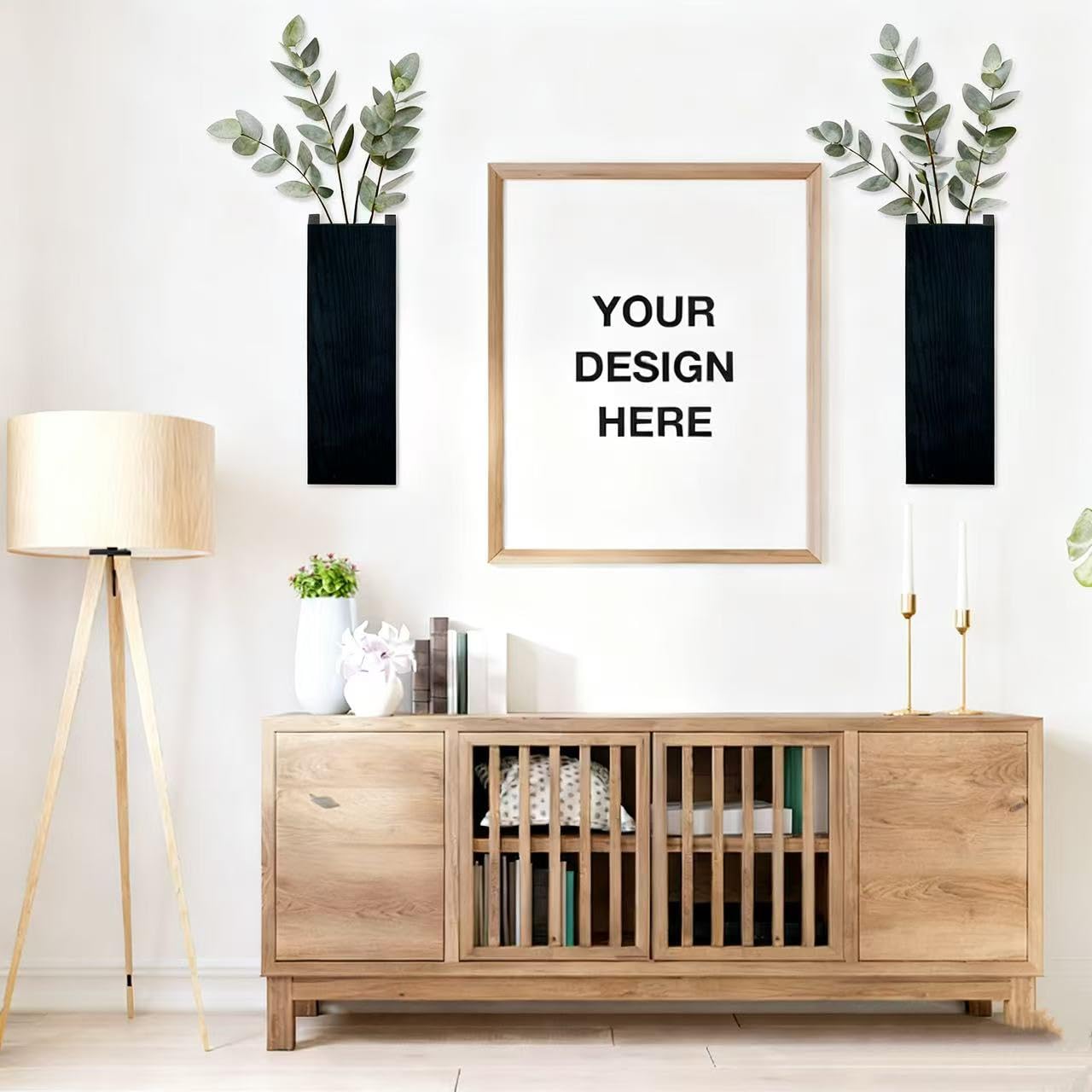 EMINGSKY 2 Pack Black Wood Hanging Wall Planter Vases - Farmhouse Boho Wall Pockets for Faux Greenery, Dried Flowers, Eucalyptus Stems, Modern Indoor Wall Decor for Living Room Bedroom Office