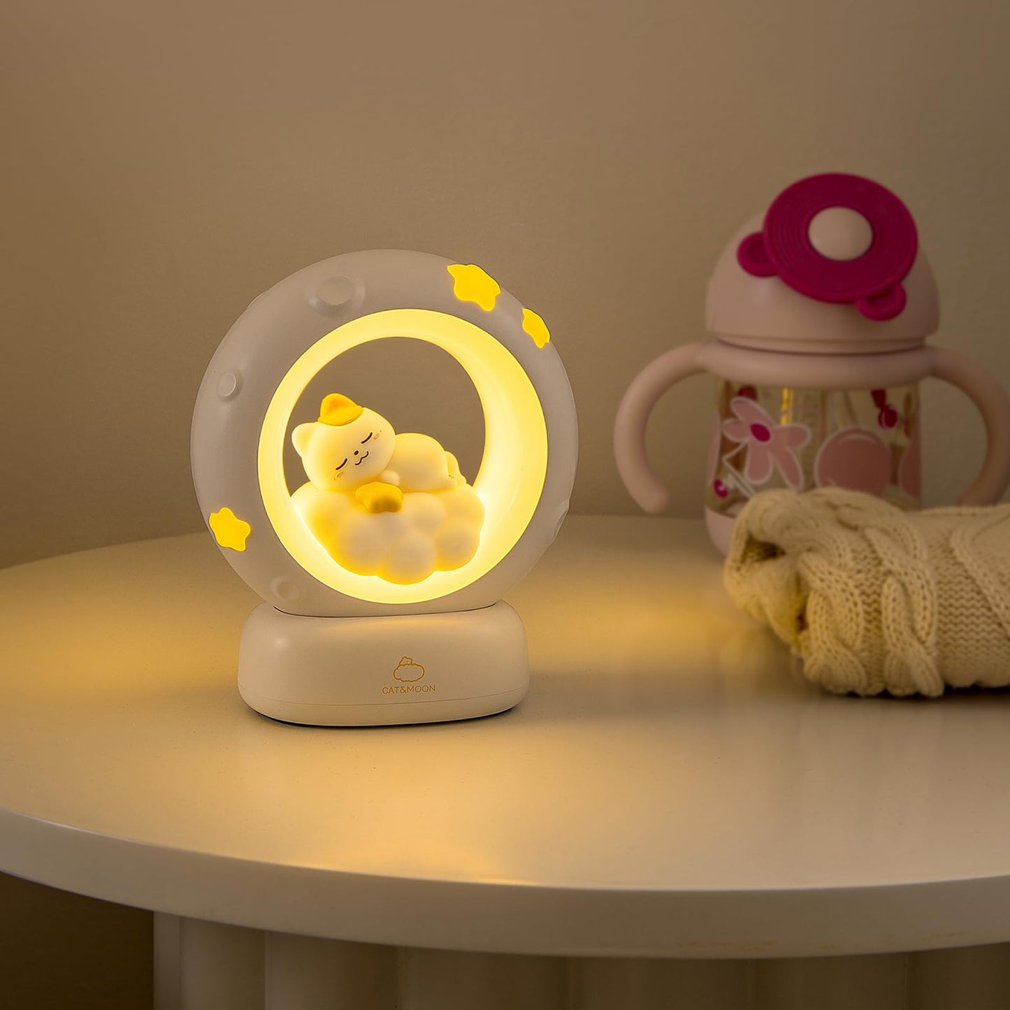 kvppvt Moon and Cat Rechargeable Night Light, Safe PVC and ABS Material, 3 Brightness Levels, Tap Control, Warm Light, Toddler Sleeping Lamp, Bedroom Night Lamp, Gift for Baby and Kid (Moon and Cat)