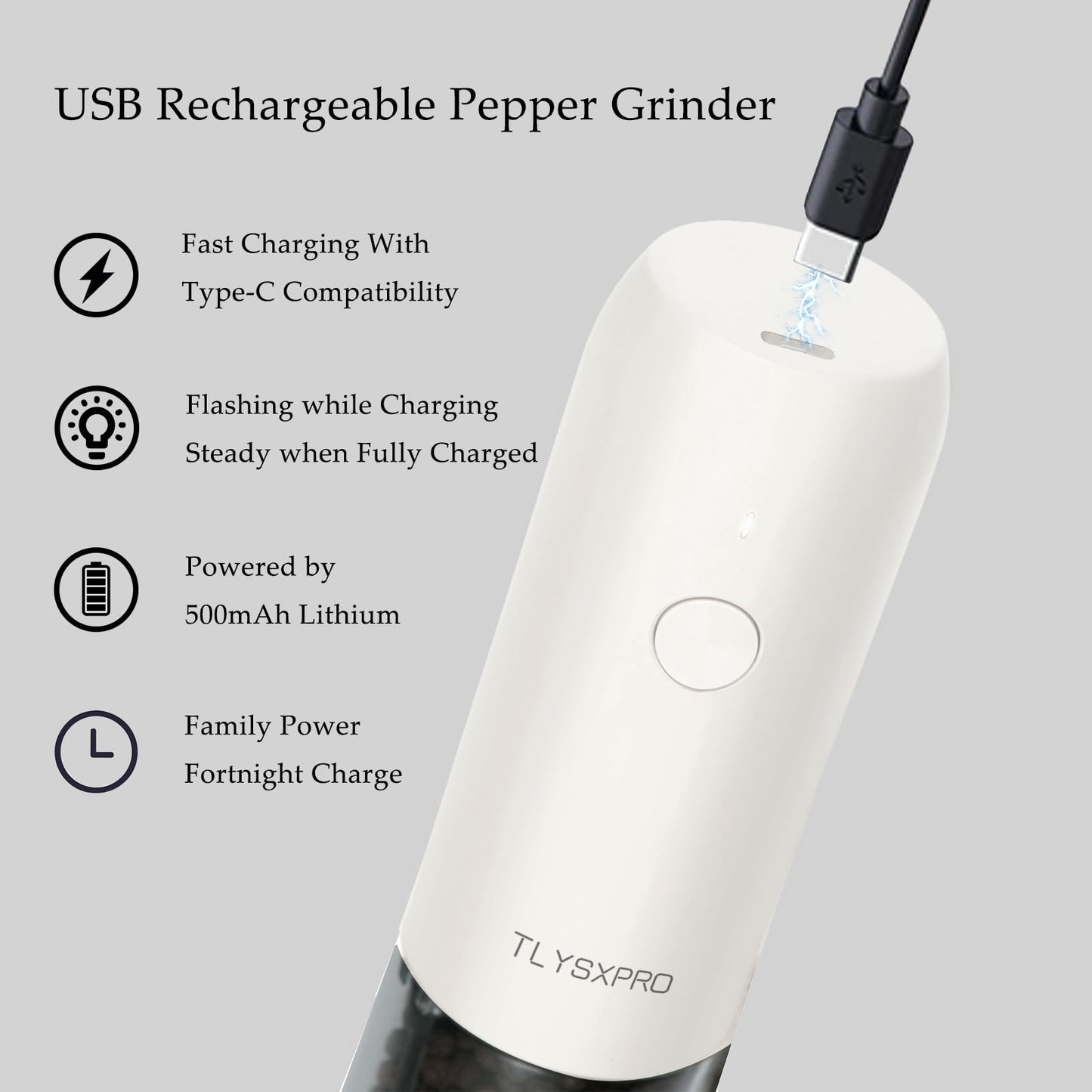 Electric Salt and Pepper Grinder Set, USB Rechargeable, Automatic Salt and Pepper Mill Grinder with Adjustable Coarseness, Electric Salt Shakers, LED Light, Refillable (2 Packs, White)