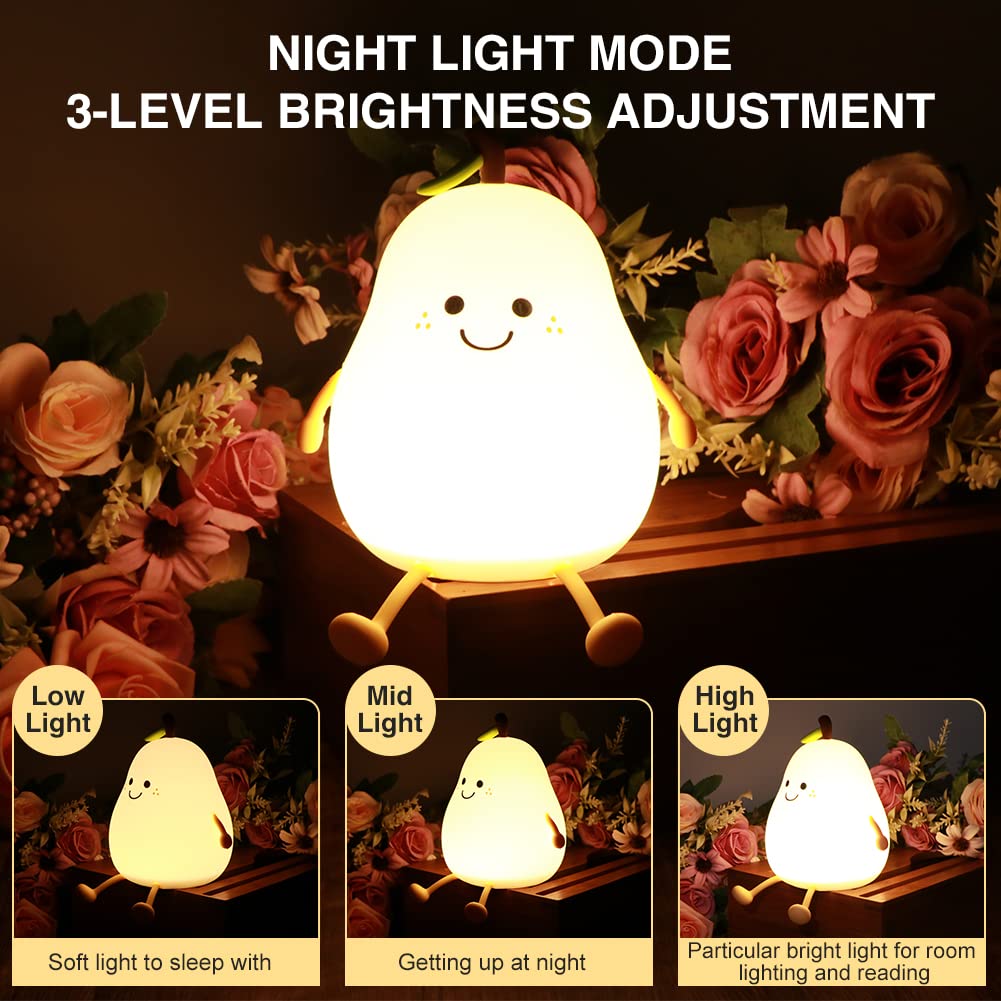 LED Cute Pear Night Light, Rechargeable Silicone Fruit Night Lamp, Kawaii Bedside Lamp, 2 Modes (Warm Light/Multicolor), 30/60 Min Timing, Eye-Protection Portable Nursery Lamp