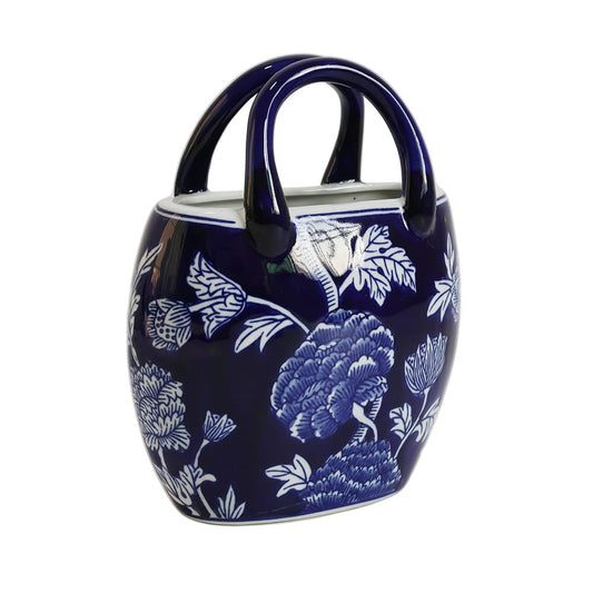 Ceramic Purse Vase for Flowers, Cute Handbag, Vintage Blue and White Floral Rustic Farmhouse Vase for Living Room, Kitchen, Bedroom, Chinoiserie Decor, Women Girls