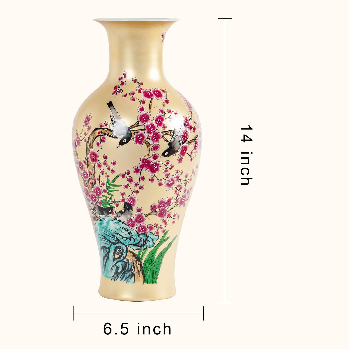 Houlu 14-inch Golden Ceramic Flower Vase for Centerpieces, Decorative Vase for Flowers