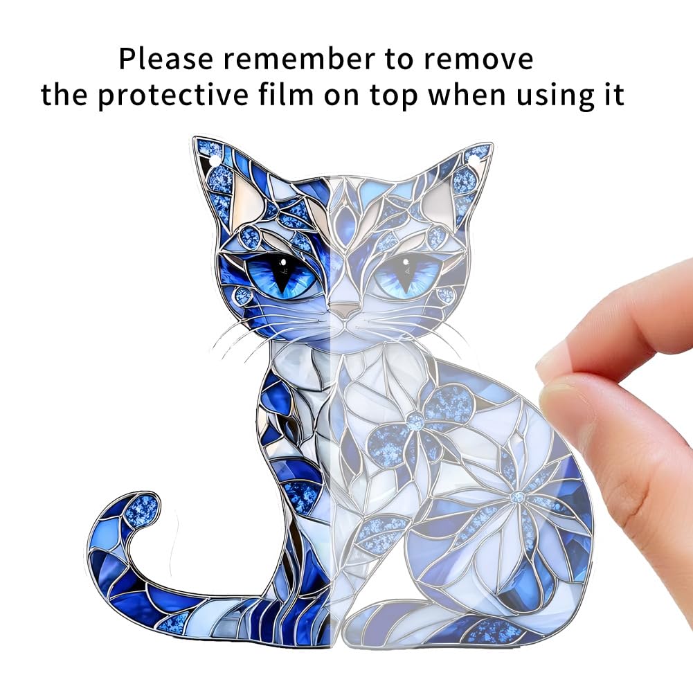 Cat Decor Stained Glass Window Hanging Suncatcher Gift for Mom Women，Blue Cat Suncatcher for Window，Cat Decor Wall Art for Kitchen Livingroom Office