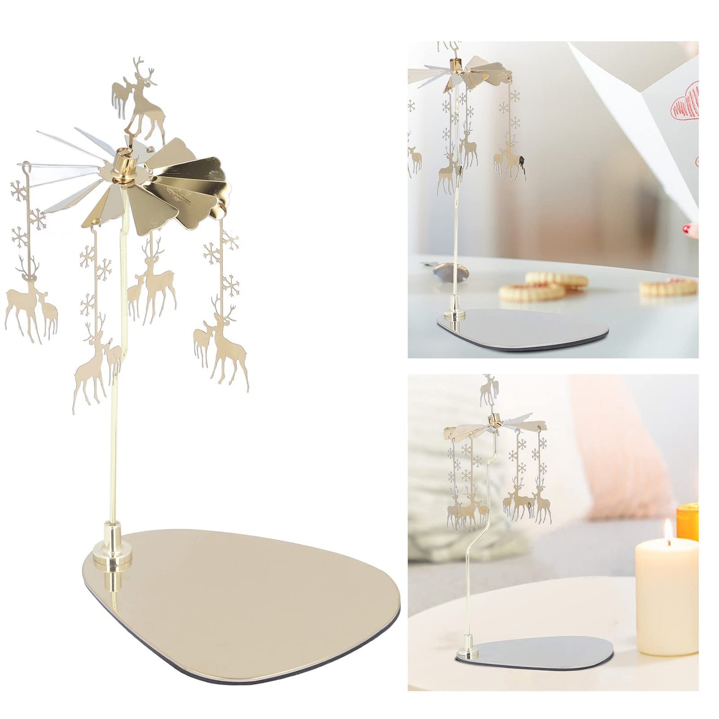 Candle Holder Round Triangle Candle Holder Rotating Candle Holder Tray Rotating Aromatherapy Wind Chime Candle Holder (Golden Snowflake Deer (No Candle Cup))