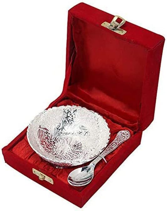 FIKIMOS Aluminium -Silver Plated Small Bowl Set with Spoon Size - 3.5 Inch Diameter Bowl, capacity -100 ml /3.38 OZ -30 Grams bowl weight