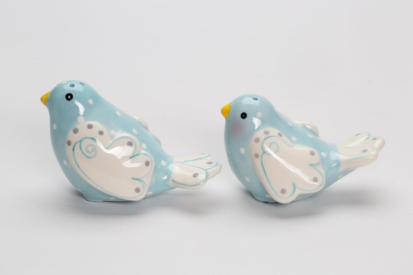 Fine Ceramic Lovebird Bluebird Pastel Baby Blue Bird with White Wings and White Polka Dots Design Salt and Pepper Shakers Set, 3-5/8" L