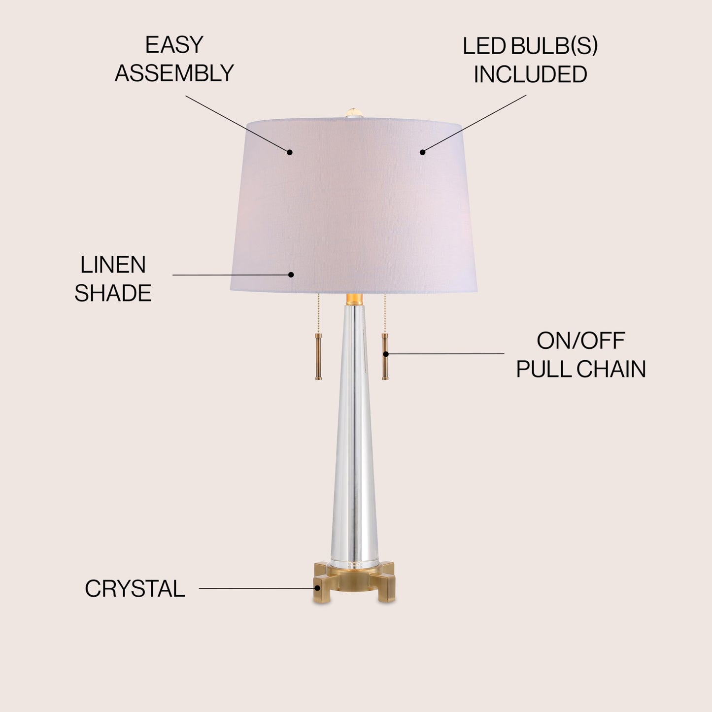 JONATHAN Y 29.5" Clear/Brass Gold 2-Light Crystal LED Table Lamp, Contemporary Glam Bedside Lamp for Living Room, White Linen Drum Shade, Pull Chain, LED Bulbs Included JYL2018A