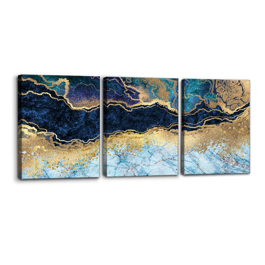 Pacimo Wall Art Set of 3 - Teal Gold Blue and White Marble Landscape Abstract Shapes - Perfect for Modern Home Decor - Ideal Wall Decor for Living Room Bedroom Bathroom and Office (12"x16"x3)