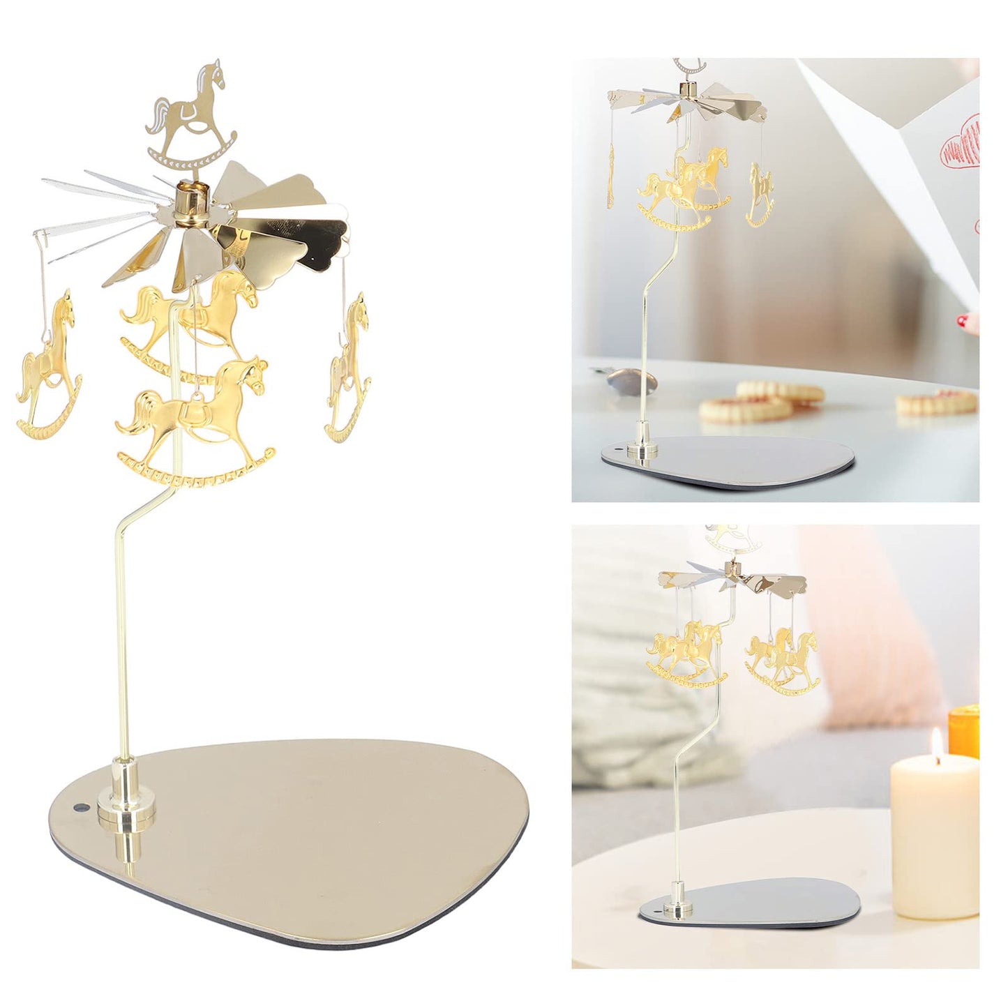 Candle Holder Round Triangle Candle Holder Rotating Candle Holder Tray Rotating Aromatherapy Wind Chime Candle Holder (Golden Wooden Horse (no Candle Cup))