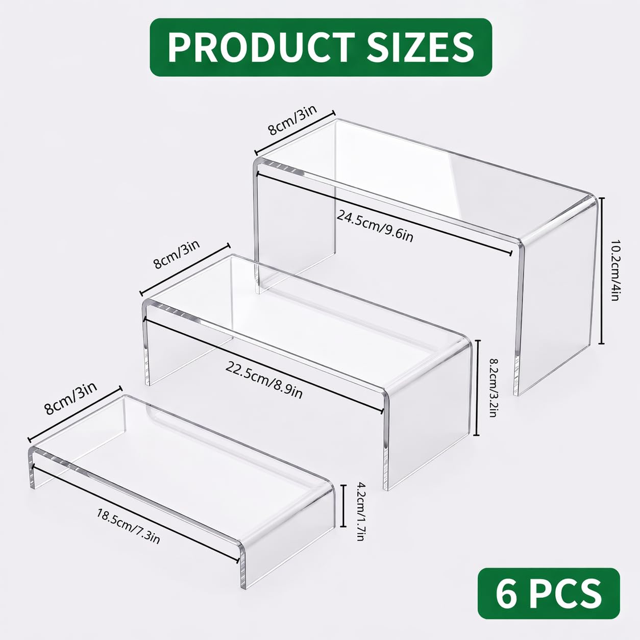 Enjamyo 6 PCS Clear Acrylic Display Risers, Rectangular Risers Display Stands, Product Stand, Clear Display Stand for Jewelry Perfume Figures Dessert Cupcake (7", 8", 9")