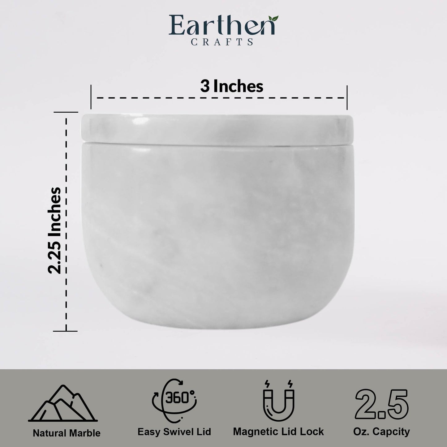 EARTHEN CRAFTS Marble Salt Cellar with Lid 3" Inch Salt Holder White Mini Salt Container with Magnetic Lock for Kitchen Counter, Salt & Spice Storage, Seasoning Jars for Table, 2.5 OZ Capacity