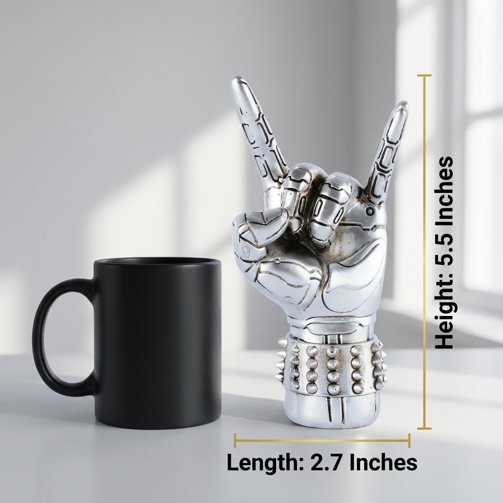 Brizoria Rock and Roll Decor Hand Sculpture Resin Statues Goth Room Decor Aesthetic Music Studio Decors for Bedroom Tabletop Desk Statue Shelf Art Sculptures Home Decors Mens Gift, Silver