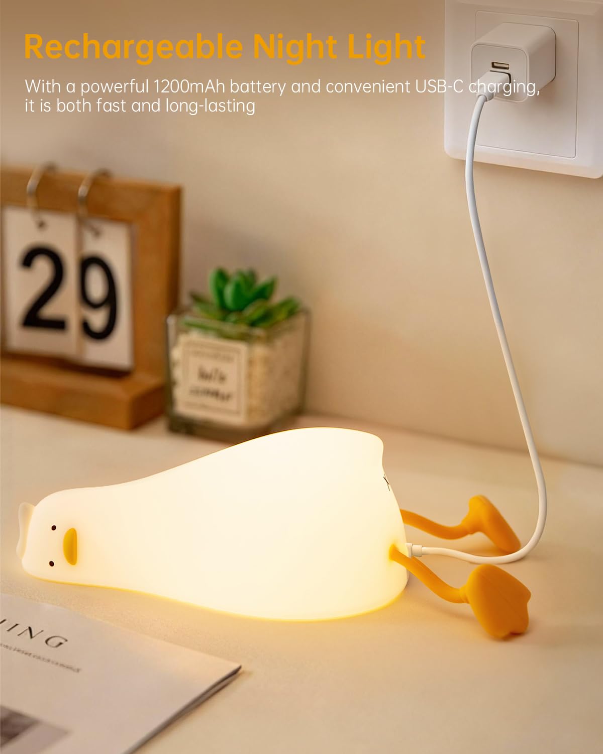 Luditek Laying Flat Duck Night Light, 3 Level Touch Dimmable Rechargeable Beside Nursery Lamp, Squishy Kawaii Stuff Desk Dorm Room Decor, Nightlight for Breastfeeding Baby Kids Girls Gifts