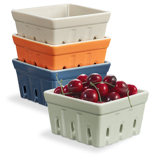 ONEMORE Ceramic Berry Basket, Rustic Stoneware Berry Bowls Colander, Square Fruit Bowls for Kitchen Decor Set of 4, 4.5 inch, Assorted Color
