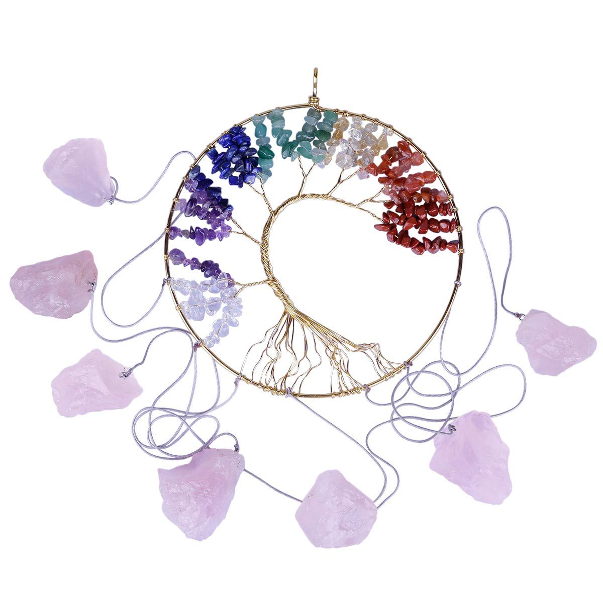Nupuyai Tree of Life Raw Stone Wind Chimes for Indoor Outdoor, Handmade 7 Chakra Crystal Wall Hanging Ornament for Home Window Decoration 22-26 Inches, Rose Quartz
