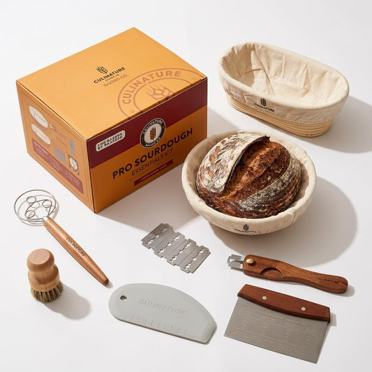 Complete Sourdough Starter Kit with Troubleshooting Cookbook, 2-Banneton Set:10" Round & Oval Grade-A Rattan Baskets,Mat, Sapele Tools Won’t Warp| Beginner‑Friendly Baking Supplies–Gift for Bakers