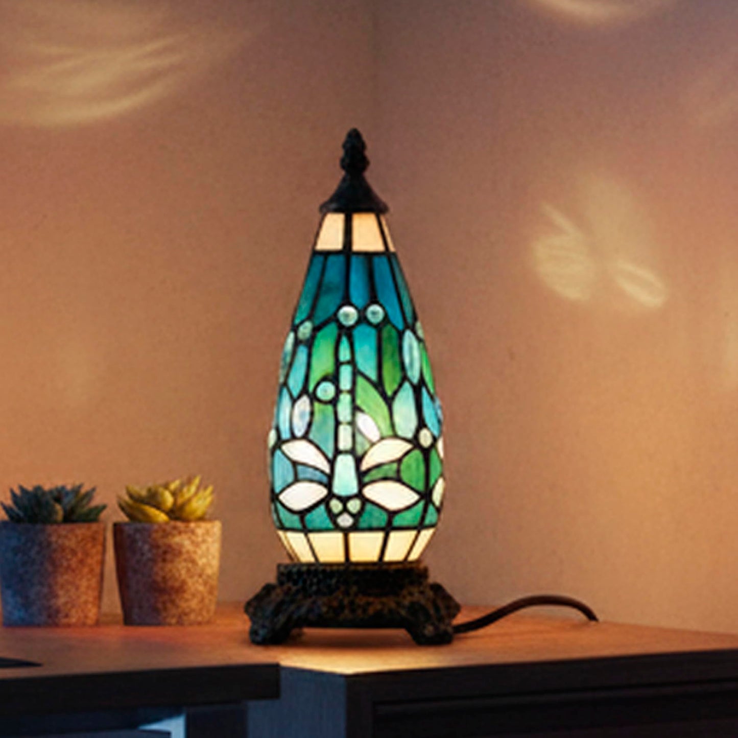 TCODTPOL Small Tiffany Stained Glass Table Lamp 5.5X11 Inch (Green Dragonfly)