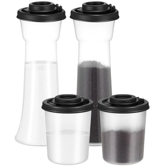 EBOOT 4 Pcs Salt and Pepper Shaker Set Hourglass Picnic Salt and Pepper Shakers Plastic Airtight Spice Jar Dispenser with Lids for Camping Outdoors Kitchen Lunch(Black)