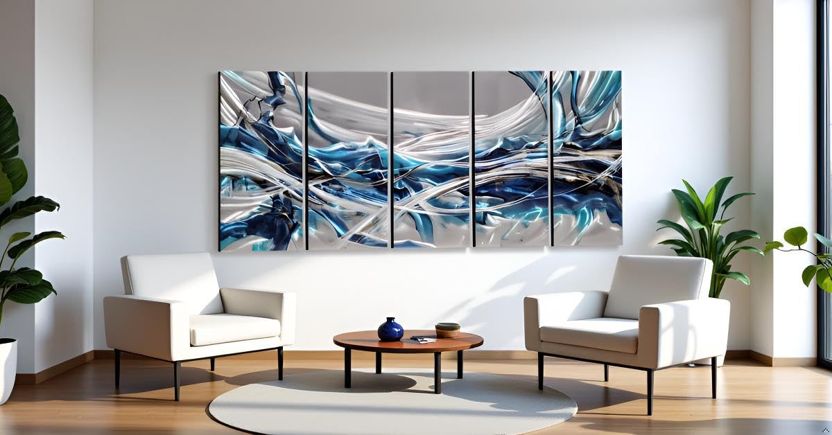 Yihui Arts Large 3D Hand Crafted Abstract Blue Aluminum Metal Wall Art for Bathroom, Kitchen, Dinning Decor