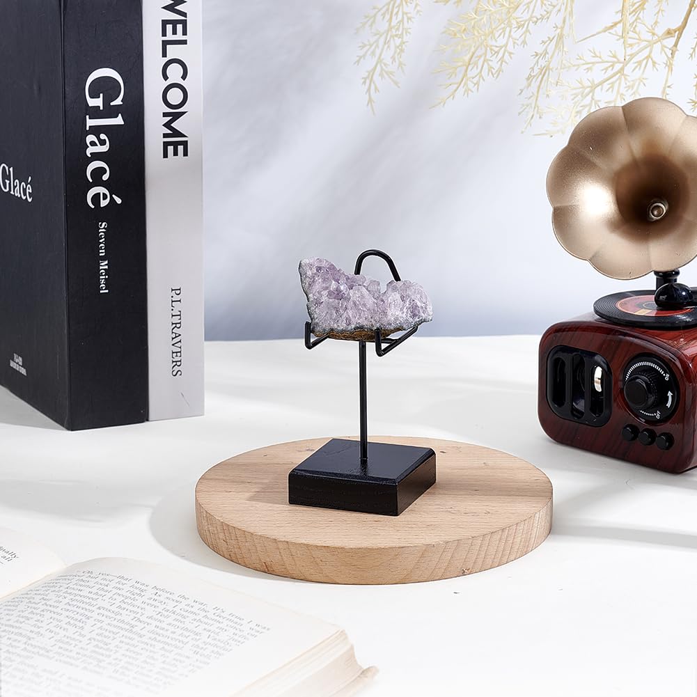 AHANDMAKER Wood Display Stand with Metal Arms Small Easel with Base for Shark Tooth Mineral Agate Rocks Crystal Gemstones Fossils Coral Geodes Display Home Office Christmas Decoration, Black 2x2x4in