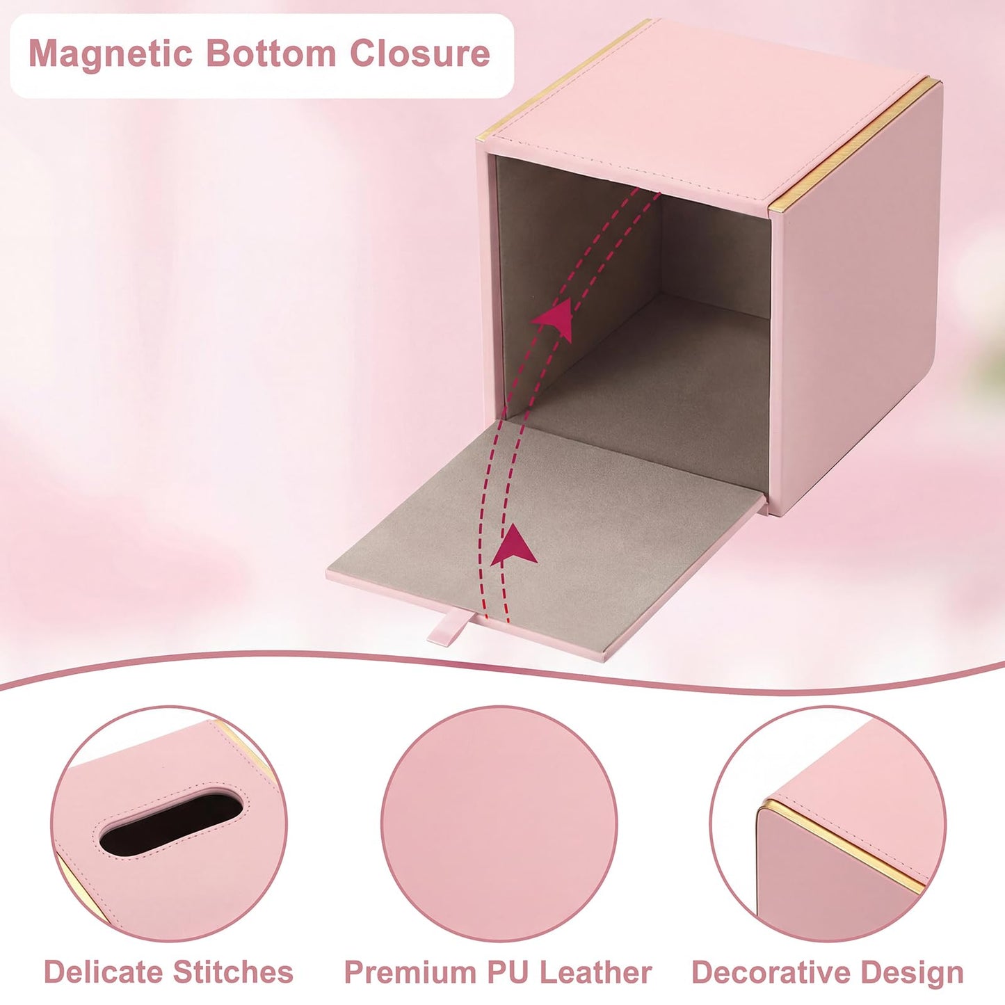 Sumnacon PU Square Tissue Box Cover, Magnetic Bottom, Waterproof, Pink