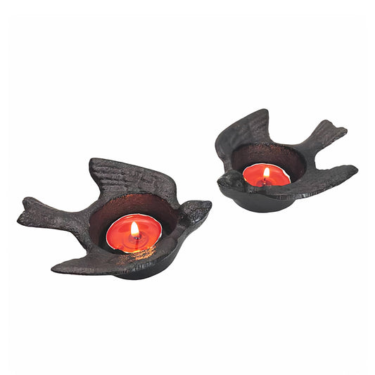 SECHUDO Small Cast Iron Candle Holder, Set of 2, Small Handmade Vintage Tea Light Candlestick Holders, Rustic Candle Holder, Farmhouse Candle Stand for Fireplace Shelf Home Decor (Bird Pattern)