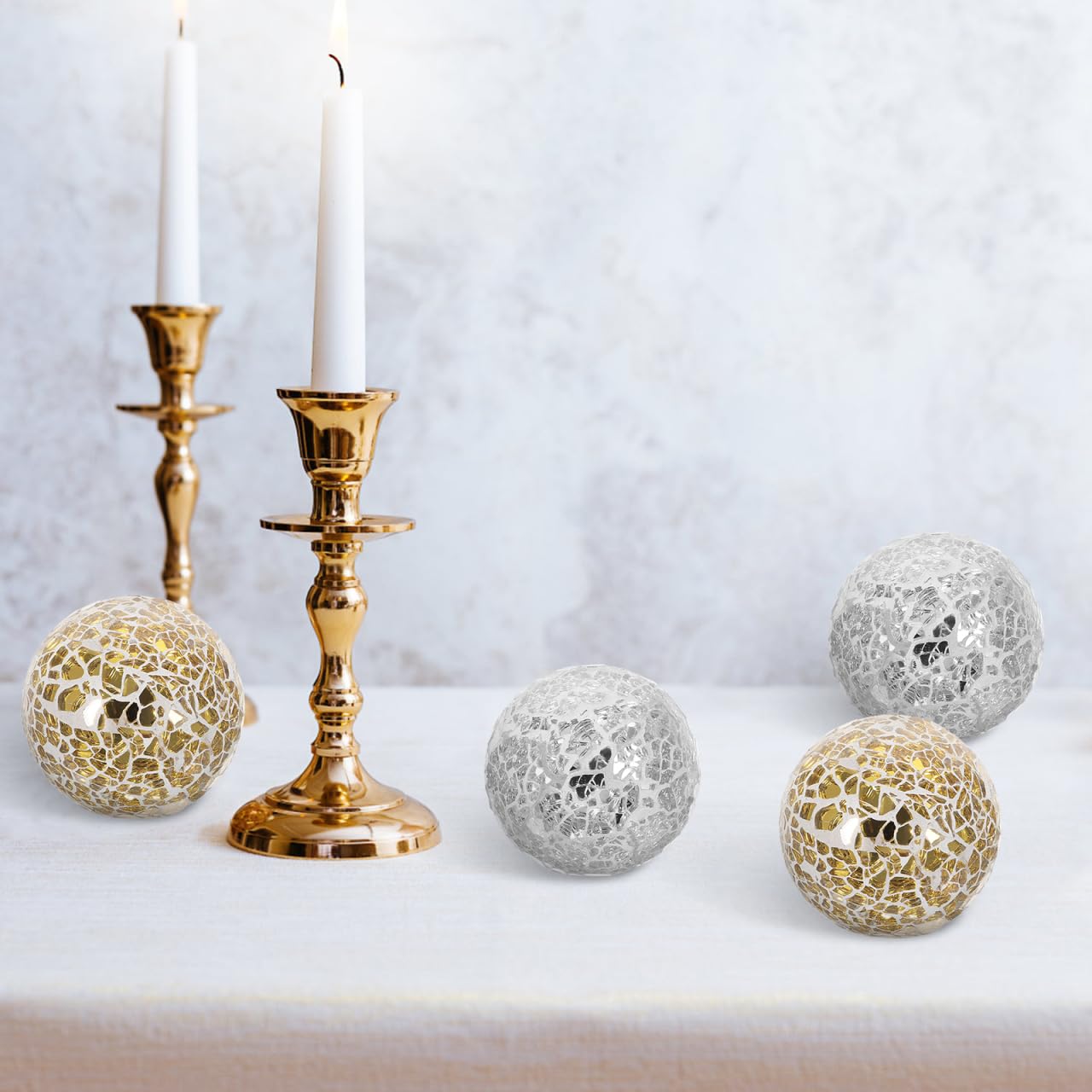 Amosfun 4Pcs Mosaic Glass Balls 3.1 Inch Decorative Orbs for Bowls Table Vases Home Decor Accents Silver and Gold