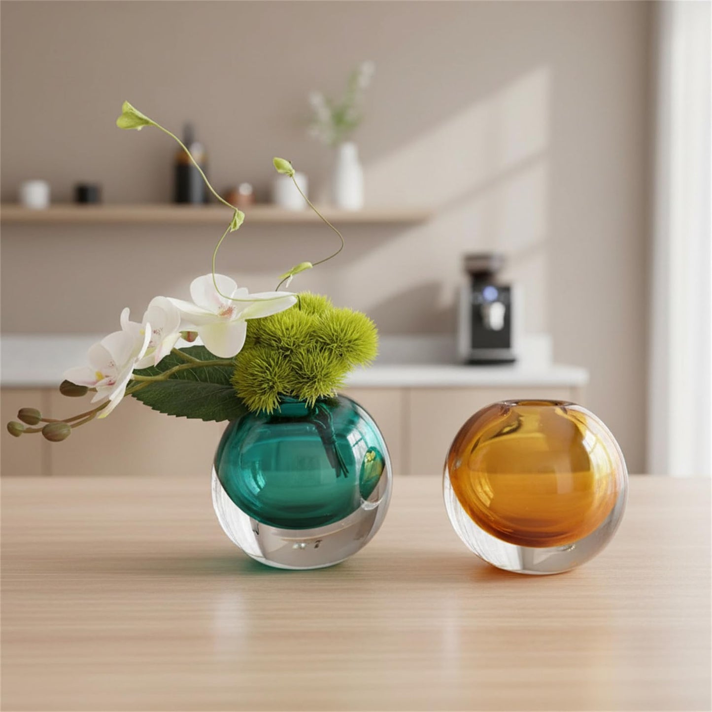 Modern Glass Vase | Tall Crystal Vase for Centerpieces | Light Blue Hydroponic Glass Vase | Unique Floral Decor | Handblown Decorative Vase for Flowers Amber