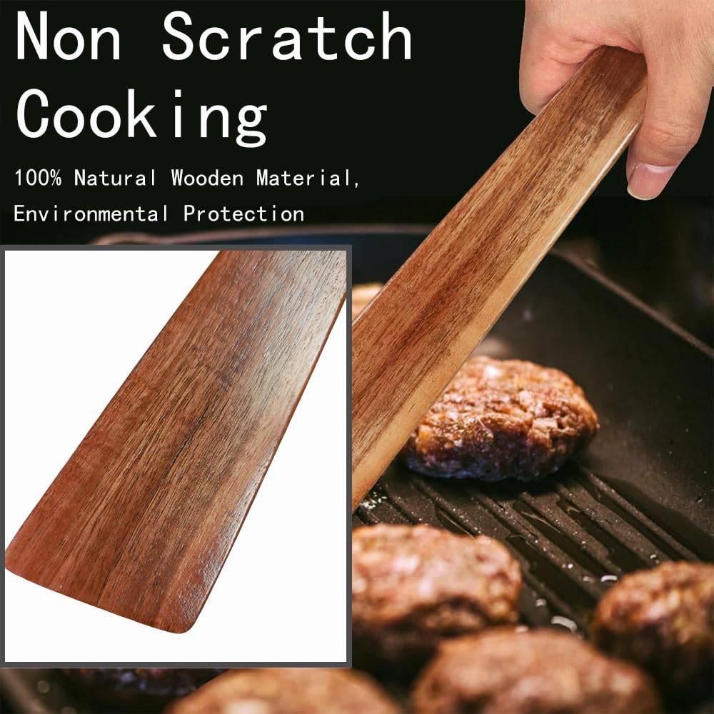 Golyhel Wooden Kitchen Utensils Set, 4 Pcs Natural Acacia Wood Cooking Tools - Spurtle Set with Spatulas & Cleaning Brush, Non-Scratch for Non-Stick Pans, Safe for Home Cooking