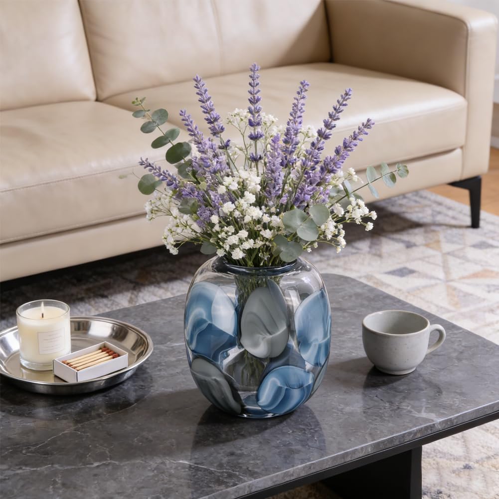 Hand Blown Blue Glass Vase, 8.5 in Round Wide Mouth Blue Gray Vase, Decorative Glass Vase for Flowers, Coastal Home Decor Centerpiece for Table, Shelf, Entryway, in The Bathroom, or Living Room
