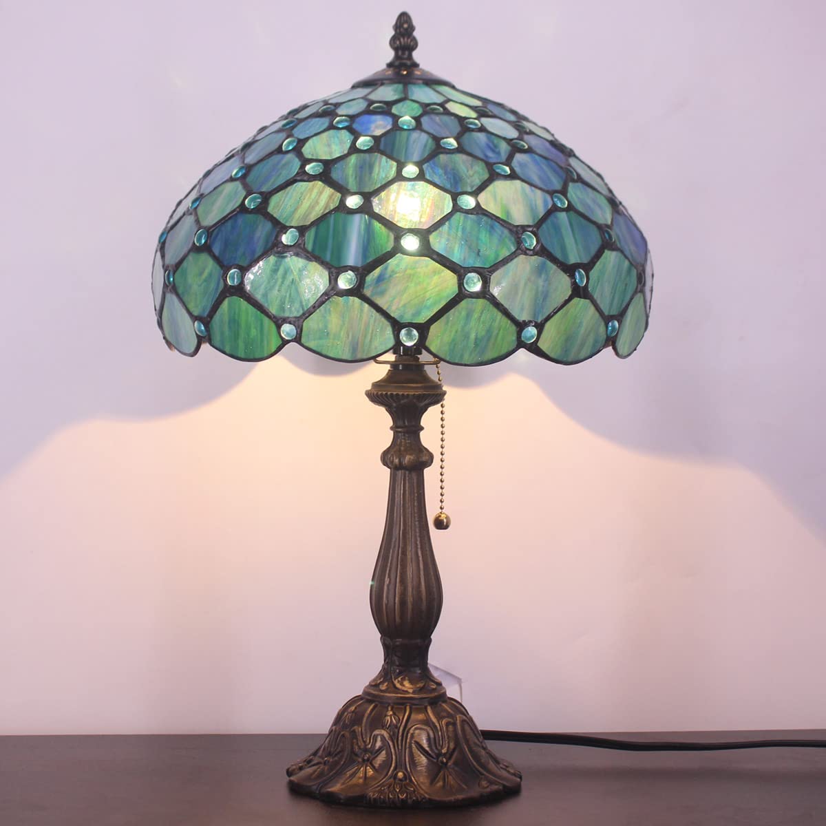 ZJART Tiffany Table Lamp Stained Glass 12X12X19 Inch Sea Blue Pear