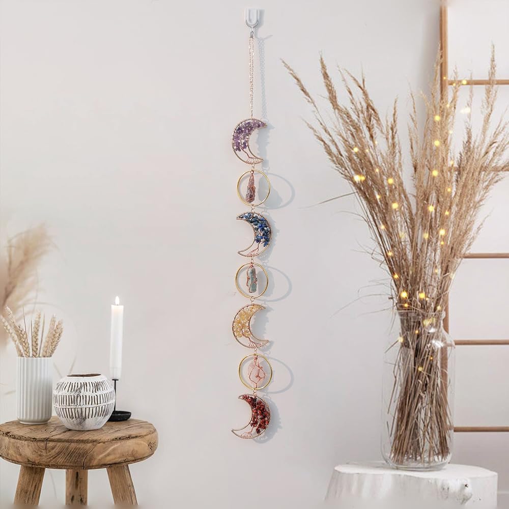 7 Chakra Crystal Dream Catcher, 7 Rings Moon Phase Wall Hanging, Handmade Natural Gemstone Tree of Life Window Decor Ornament, Boho Home Decor, Spiritual Gift for Women, Crystal Lovers