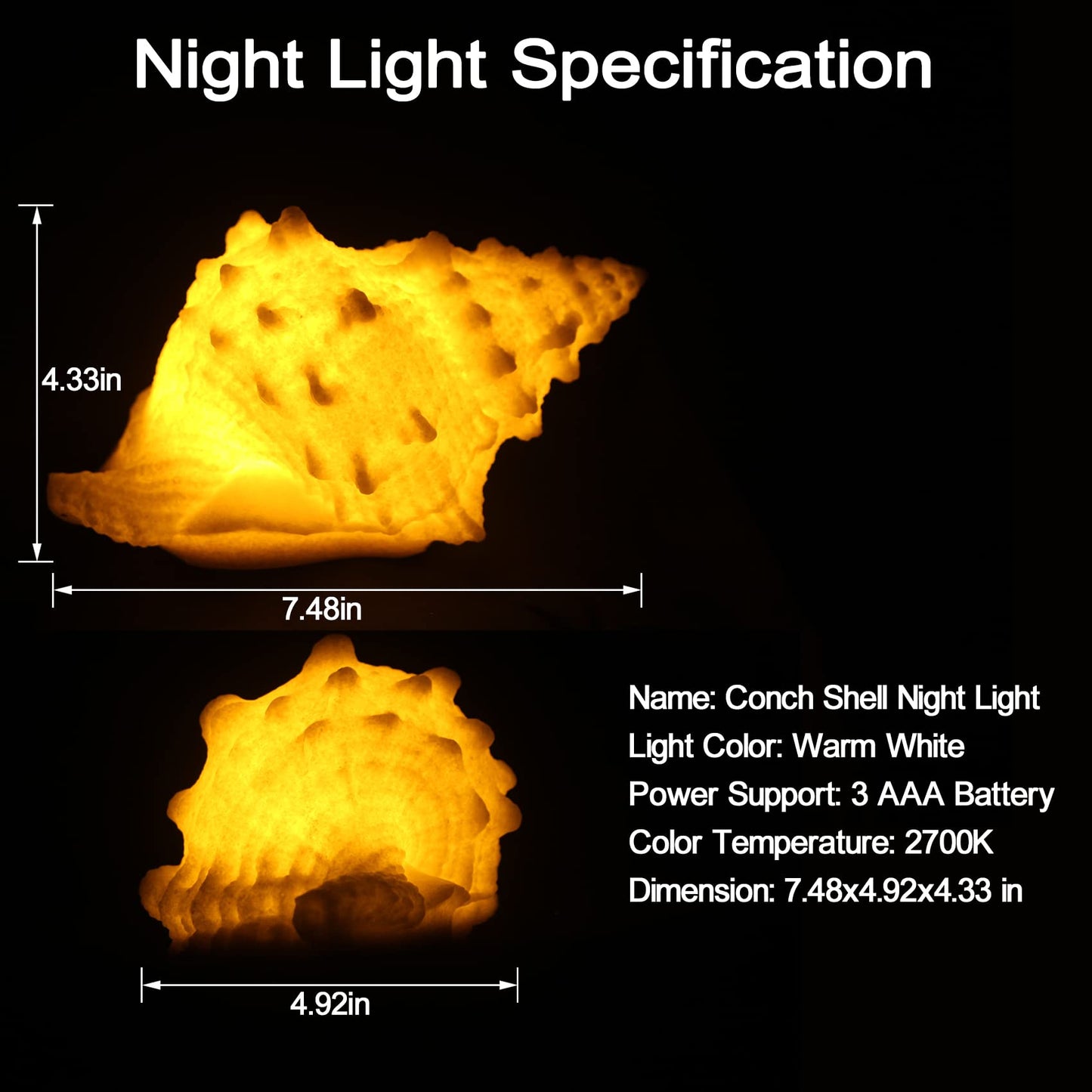 Conch Shell Night Light-Battery Powered LED Night Light for Kids Room, Auto Off Timer, Adults Bedroom Decor Nautical Lighting, Beach Themed Lamp Suitable for Baby Nursery, Home Ocean-Nightstand Decor
