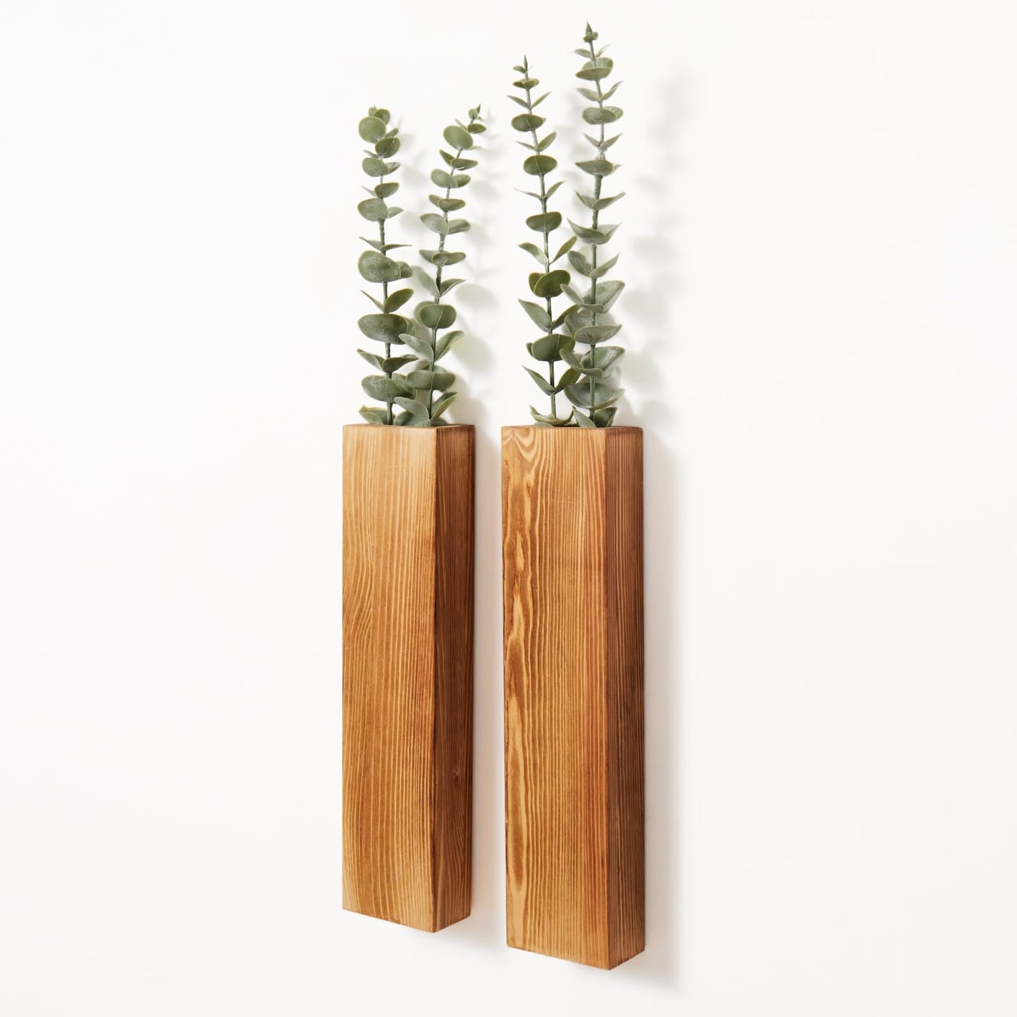Mokof 2-Pack Wood Wall Planters with 4 Removable Faux Eucalyptus Stems - Modern Farmhouse Wall Decor for Living Room, Bedroom, Bathroom - Wooden Wall Vases and Fake Eucalyptus for Home Office Decor