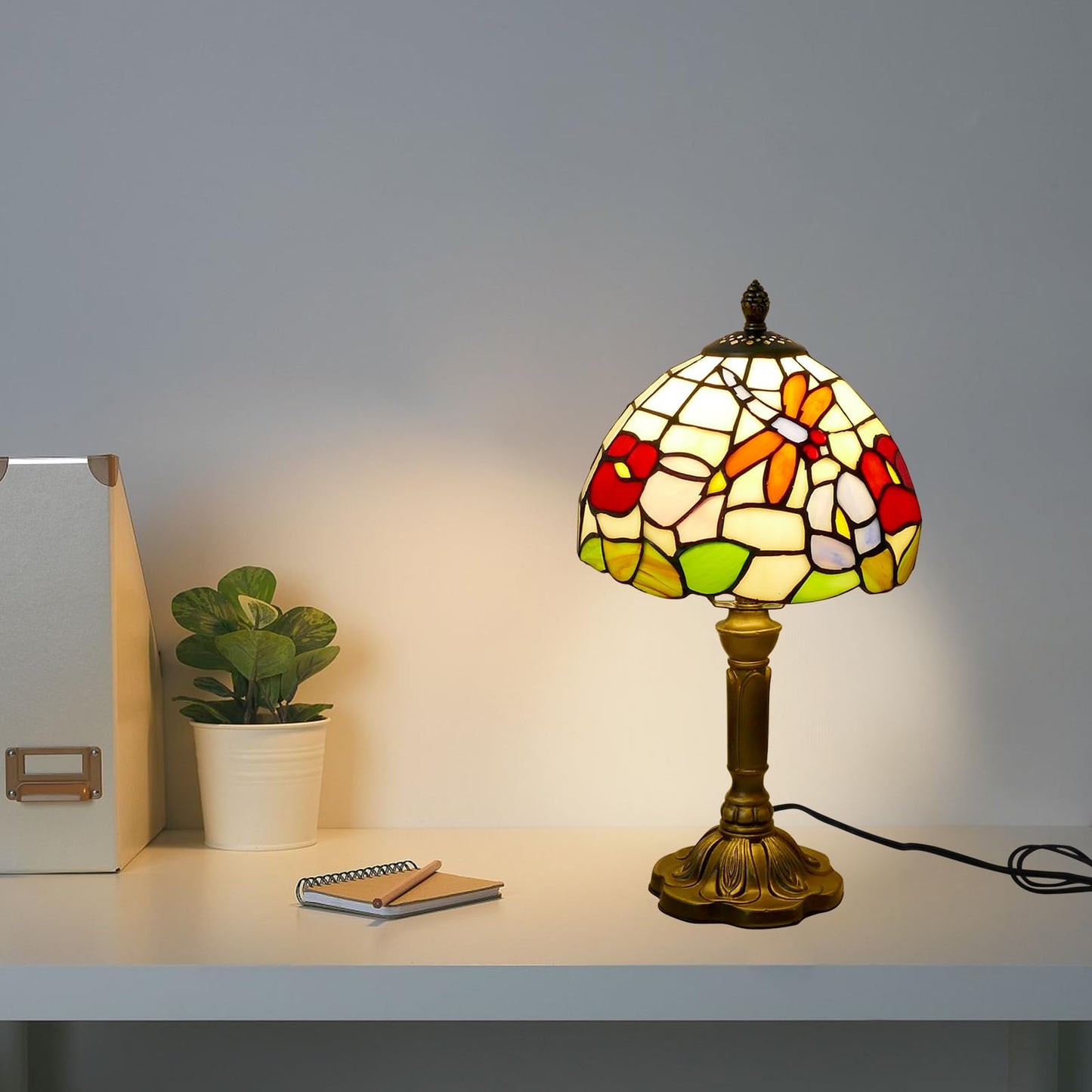 VirtueKing Tiffany Table Lamp Beautiful Dragonfly and Flower Style Lamp Handmade Stained Glass Desk Lamps Gifts Resin Base 14.2" Tall Vintage Reading Lamp for Office,Living Room, Bedroom, Study Room