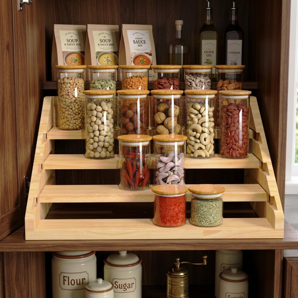 Solid Wood Spice Rack Organizer for Countertop & Cabinet, 4 Tier Adjustable Wooden Spice Shelf with Sliding Track, Premium Step Seasoning Bottle Holder for Kitchen, Pantry, Office, Natural Wood Color