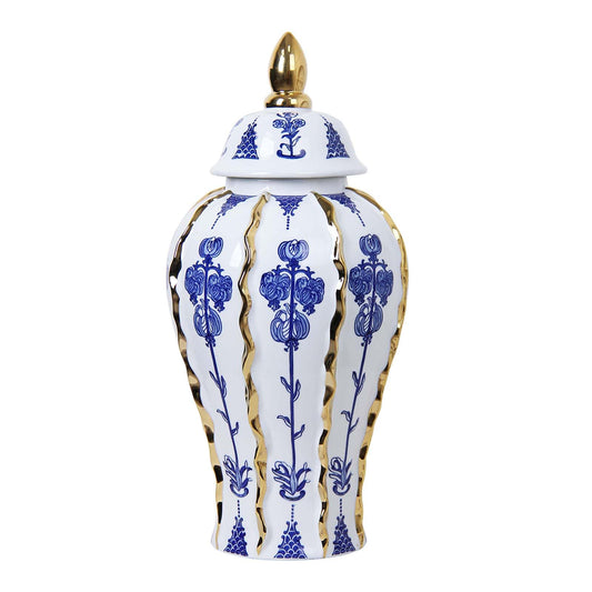 Siqiyangly Blue and White Ginger Jar with lid, 18 Inch Large Ceramic Vase for pampas grass, Luxury Home Decor White Gold Tall Flower Vase for Living Room Kitchen Centerpiece, Hotel Wedding Decor