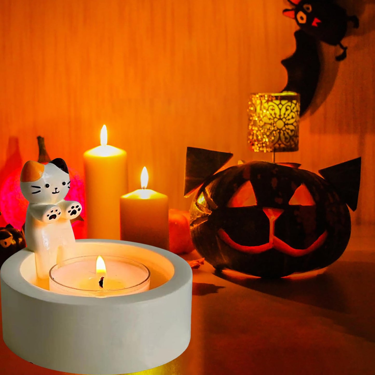 Cat Candle Holder, Cartoon Kitten Candle Holder, Cat Warming Hands Candle Holder, Gift for Girl Women, Cat Lover Gifts Candles for Candle Holders Decor (Ginger Cat)