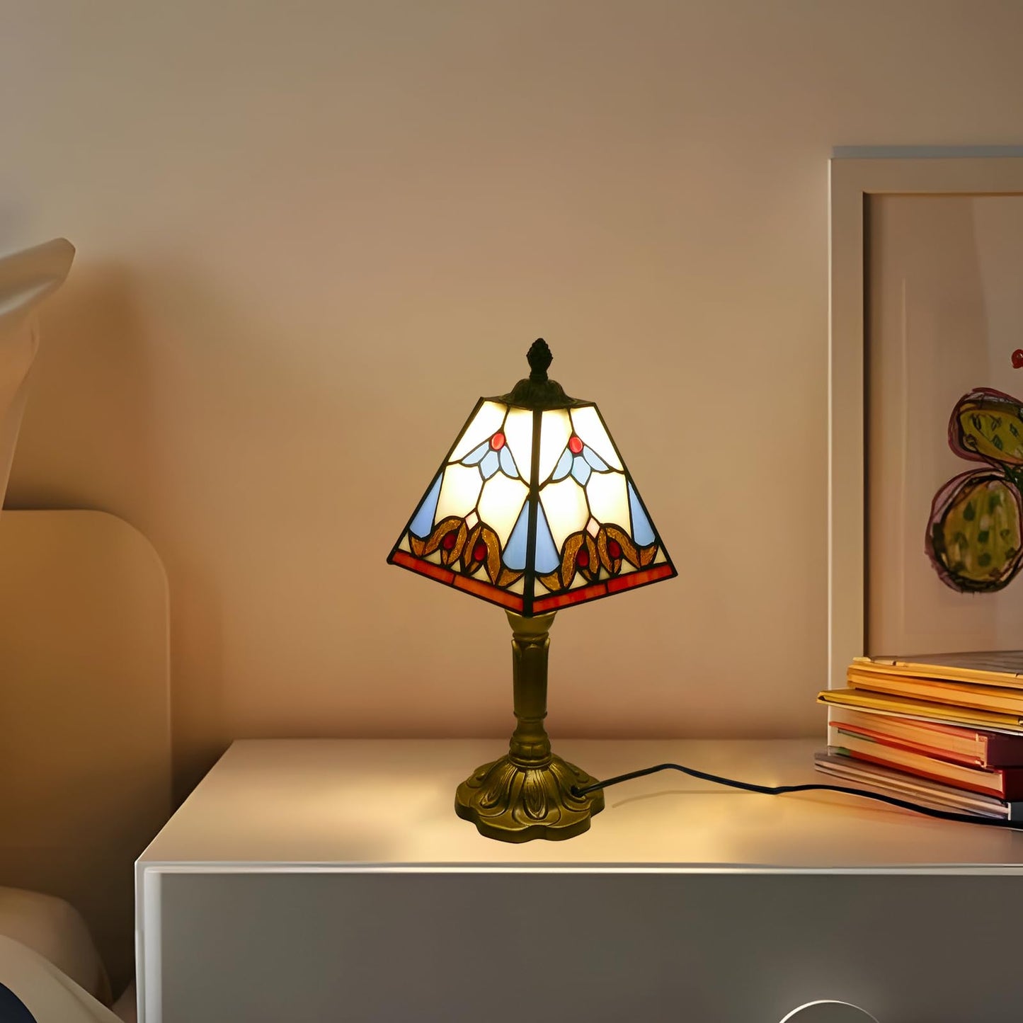 VirtueKing Tiffany Lamp 6" Wide Small Square Baroque Style Stained Glass Table Lamp Desk Reading Light, Bedside Table Lamp Decor for Small Space Bedroom Home Office