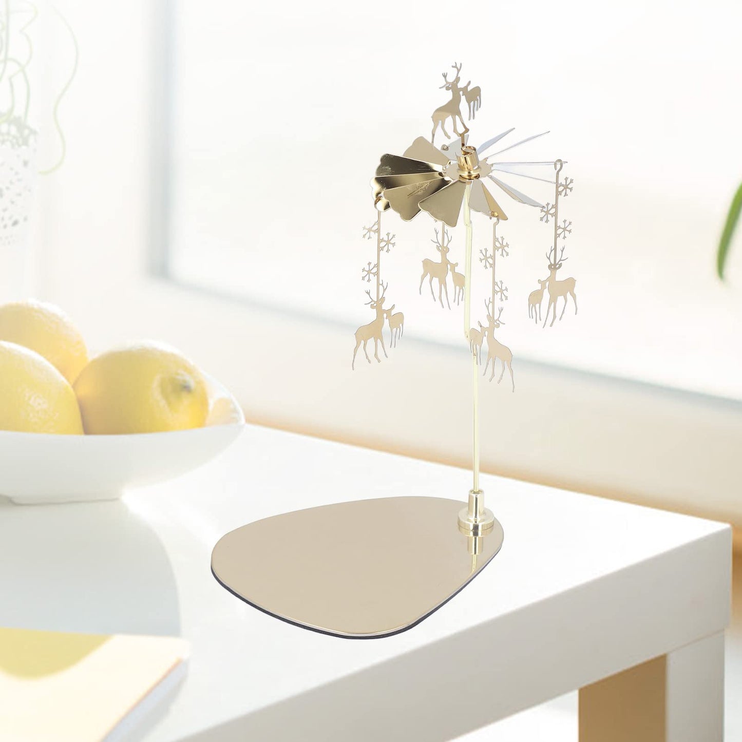 Candle Holder Round Triangle Candle Holder Rotating Candle Holder Tray Rotating Aromatherapy Wind Chime Candle Holder (Golden Snowflake Deer (No Candle Cup))