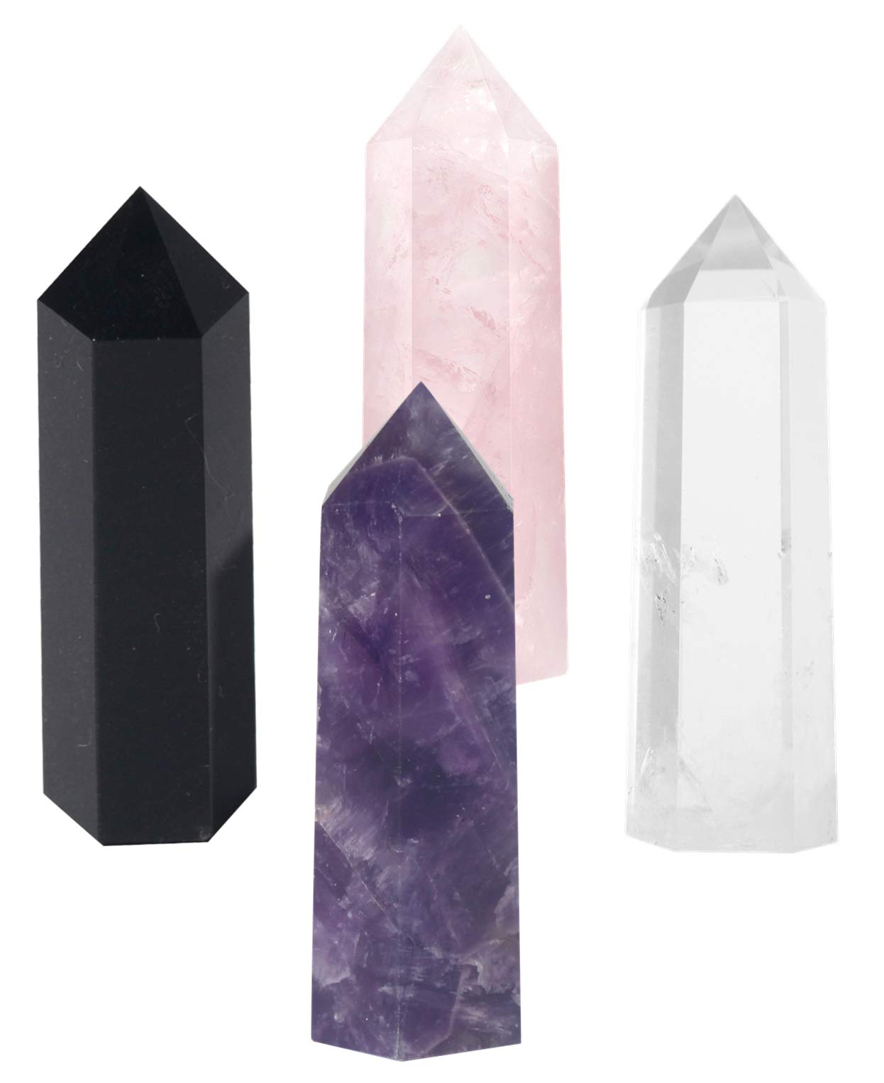 Luckeeper 3" Crystal Wands,6 Faceted Reiki Amethyst Crystal, Rose Quartz,Clear Quartz and Black Obsidian Crystal Quarz Points for Meditation Therapy