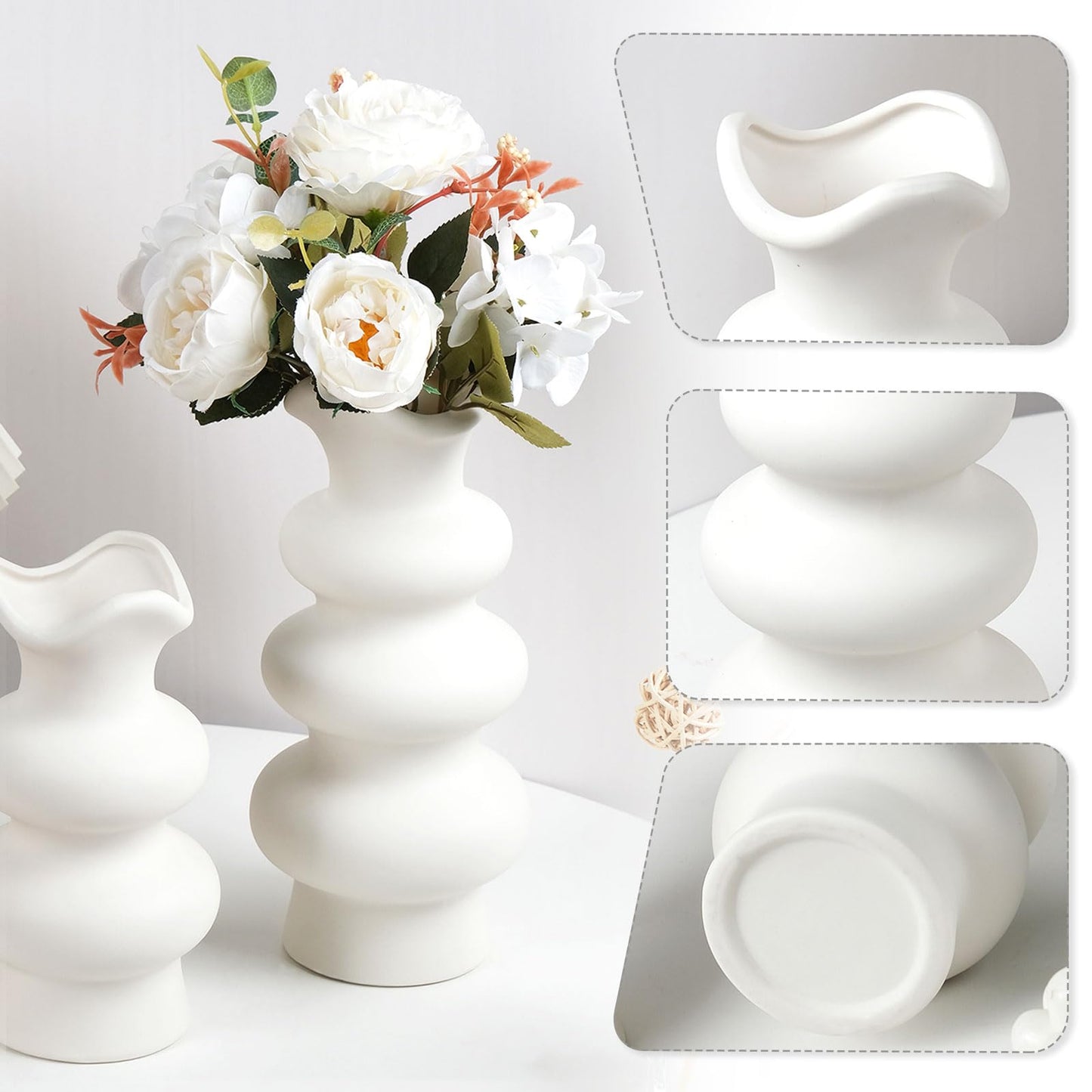 VanEnjoy Boho Unique Flower Vase - Modern Aesthetic Matte White 8.67 inch Ceramic Vase for Pampas Grass & Home Decor