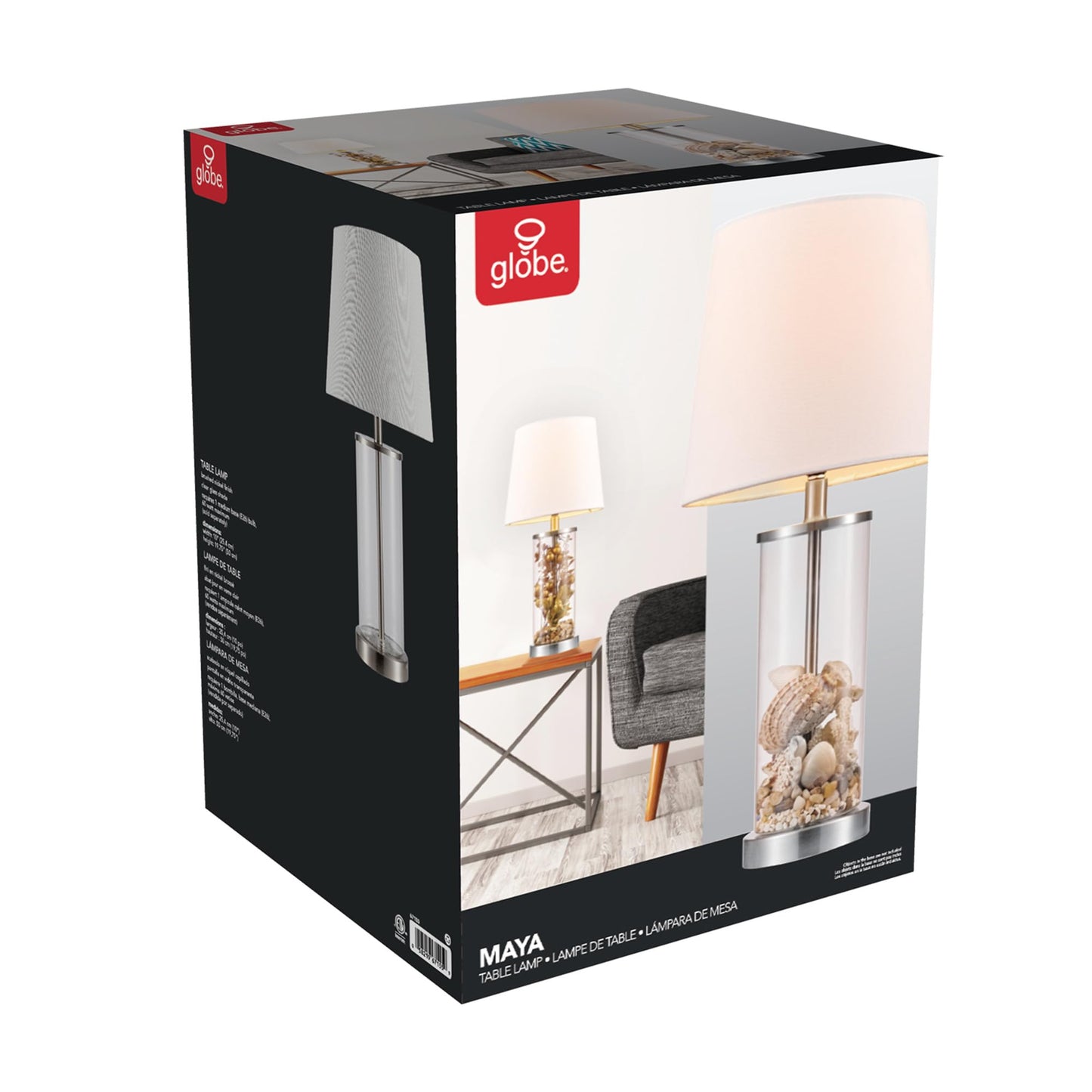 Globe Electric 67155 Maya 21" Fillable Table Lamp, Clear Glass and Steel Base, White Fabric Shade