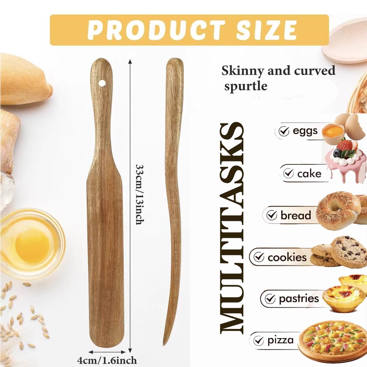 Golyhel Wooden Kitchen Utensils Set, 4 Pcs Natural Acacia Wood Cooking Tools - Spurtle Set with Spatulas & Cleaning Brush, Non-Scratch for Non-Stick Pans, Safe for Home Cooking