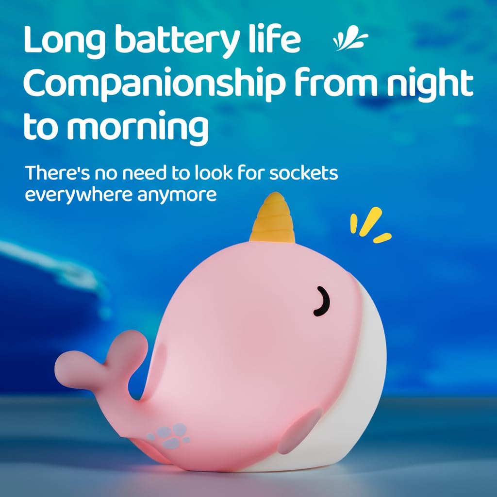 faralite Cute Whale Night Lights, Soft Narwhal Silicone LED Night Lamp, Rechargeable Nursery Lamp with 3-Level Dimmable, 30mins Auto-Off, Lovely Room Decor for Bedside, Bedroom(White Light)