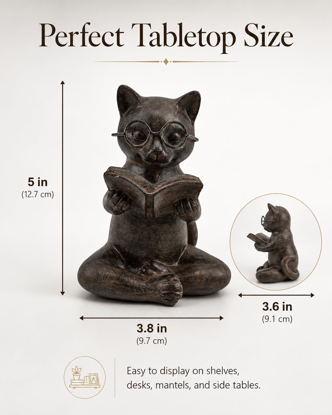 Bronze Cat Figurine Reading Book, Resin Home Décor Accents Statue with Glasses, Cute Tabletop Decor for Bookshelf Desk Office Library, Cat Lovers Gifts for Women Man Teacher Student (Reading Cat)